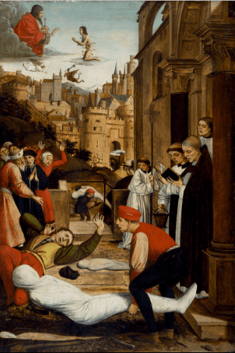 Saint Sebastian Interceding for the Plague Stricken,[6] Josse Lieferinxe, 1497–1499, The Walters Art Museum