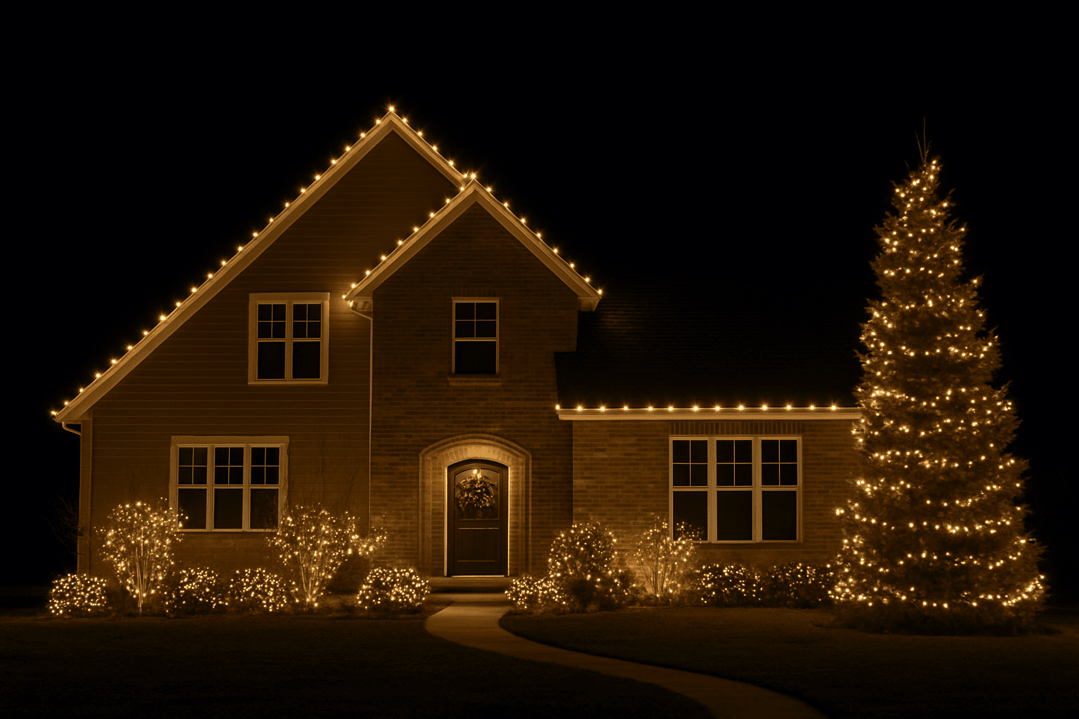 A cozy Idaho home decorated with warm white Christmas lights in Boise, illuminating the roofline, windows, and trees at night with a festive holiday glow.
