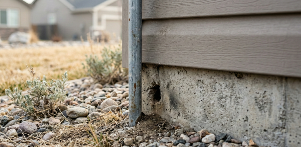 Close-up of a rodent entry hole in a concrete foundation next to a utility pipe on a Boise, Idaho home, showing typical mouse access points for residential pest inspections.