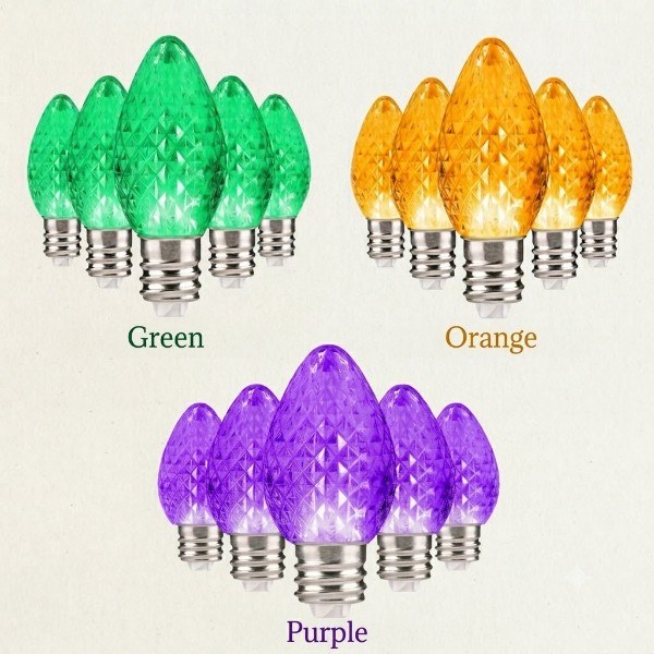 Faceted LED Christmas light bulbs in green, orange, and purple